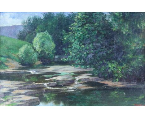 Hummel, Fritz: (20. Jh., Reutlingen). Am Bach auf der Schwäbischen Alb. Öl auf Karton, 1947. Ca. 31 x 46,5 cm. Unt. re. sign.