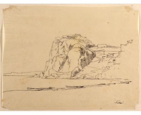 Scilla.: Ansicht der kalabrischen Stadt. Anonyme Tuschezeichnung auf Pergamentpapier. 20. Jhdt. Ca. 17 x 22 cm. - Gering stoc