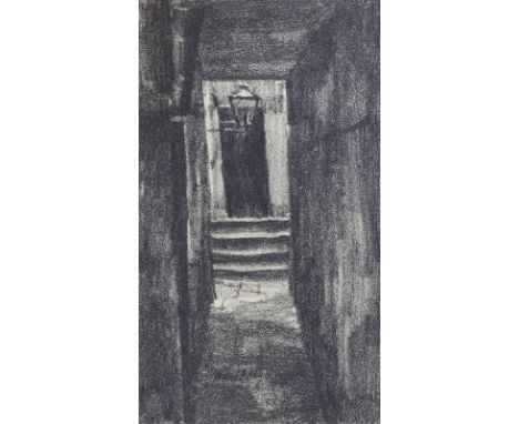 Hamburg.: Messberg 8. - Niederuste.  2 (1 mit etw. Kolorit) Kohlezeichnungen v. Max Stobbe (1883-1936), ca. 1912. Blgr. 20 x 