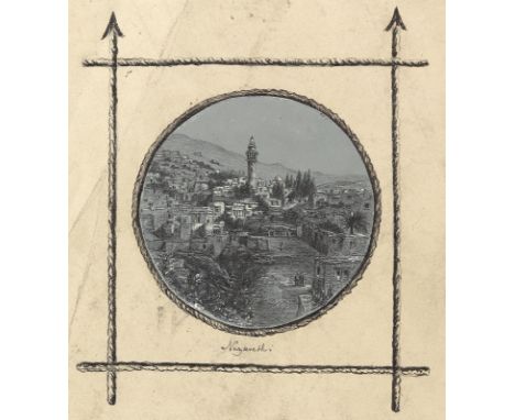 Nazareth.: Bleistiftzeichnung, weiß gehöht auf blauem Papier. Ende 19.Jhdt. Durchmesser: 10 cm. Auf Trägerpapier mont. und do
