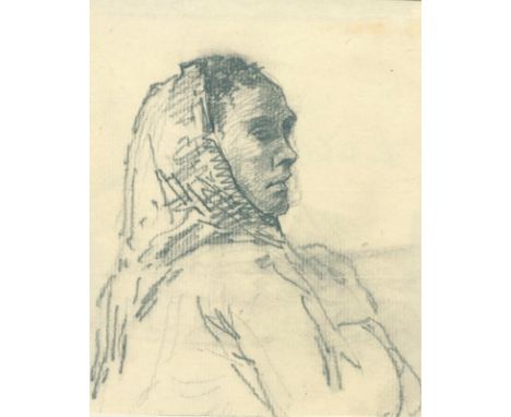 Weibel, A.,: zugeschrieben. Halbportrait einer Frau mit Kopfbedeckung im Profil. Bleistiftzeichnung.   R