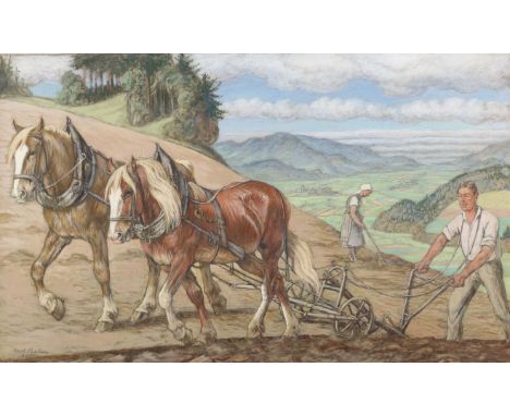Baum, Carl: (1892 Frankfurt a.Main - Freiburg 1966). Pflügender Bauer in SChwarzwaldlandschaft. Aquarell auf Karton 1955. 40 