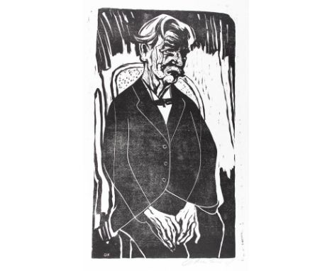 Kreibich, Oskar: (1916 Seifersdorf/Nordböhmen - Backnang 1984). Portrait Albert Schweitzer. Sitzendes Kniestück. Holzschnitt 