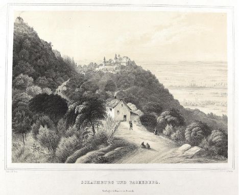 Schaumburg und Pagenburg.: Gesamtansicht von einer Anhöhe aus. Lithographie mit Tonplatte von Hözer nach W. Pätz bei G. Rocca