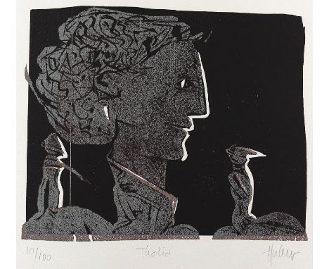 Huthmacher, Dieter: (1947 Pforzheim). "Thalia". Farbholzschnitt auf Johannot ca. 1988. 29,3 x 35, Blgr. 76 x 56 cm. Sign., be