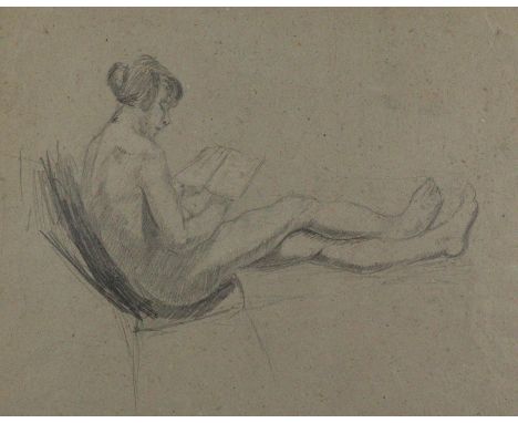 Akt.: Sitzender weiblicher Akt, lesend. Anonyme Bleistiftzeichnung auf braunem Papier, 20. Jh. Blgr. 37 x 45,5 cm. - Tls. unt
