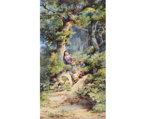 Bakof, Julius: (1819 Hamburg 1857). Junge Frau, an Baum angelehnt schlafend mit 6 Zwergen (Schneewittchen?) Aquarell auf Papi