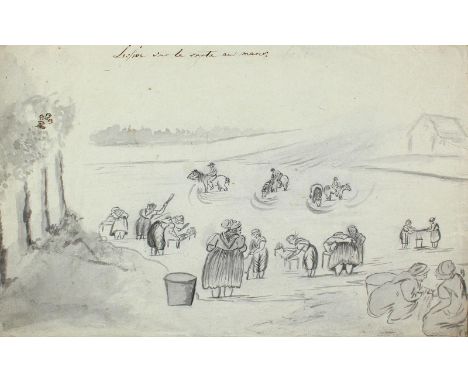 Anonym: (19.Jh). Wäschewaschen im See. "Lessive sur la..." Lavierte Tuschezeichnung. Ca. 19 x 30 cm. Oben bezeichnet. Unter P