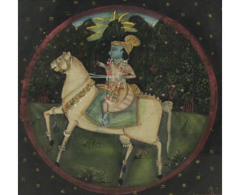 Indien.: 3 indische Personendarstellungen im Rund. Tempera auf Stoff, mit Gold, 19./ 20. Jh. Je ca. ca. 17 x 18 cm. Unter rot
