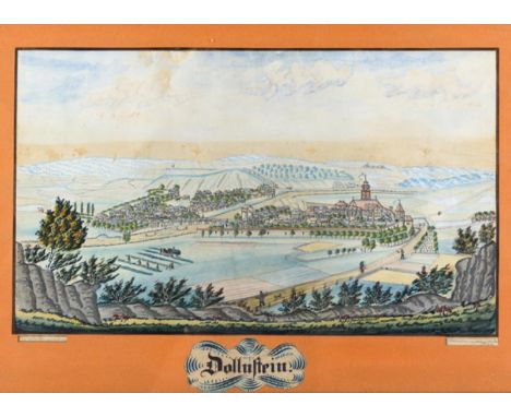 Dollnstein.: Gesamtansicht. Gouachierte und aquarellierte Federzeichnung von Maximilian von Asten. 22 x 37 cm (Darstellungsgr