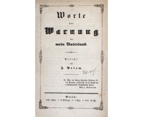 Priem,J.P.: Worte der Warnung an mein Vaterland. Gedicht. O. O. (Nördlingen), Selbstverlag (in Kommision der C. H. Beck'schen