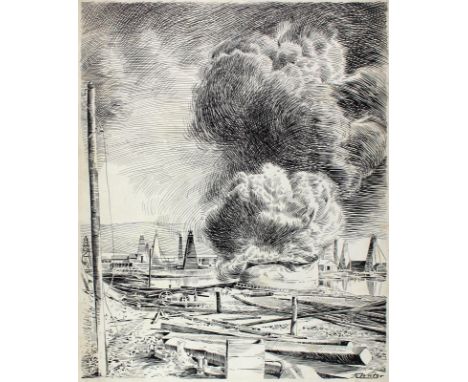 Baku.: Feuer auf dem Petroleumfeld bei Baku. Brennendes Naphta-Riesenreservoir. Druckvorlage. Tuschfederzeichnung von Richard
