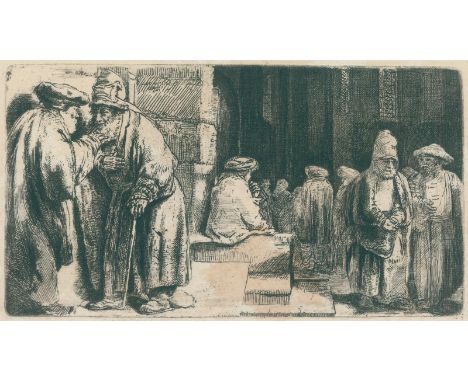 Rembrandt, Harmensz van Rijn: (1606 Leiden - Amsterdam 1669). Pharisäer im Tempel (Juden in der Synagoge). Radierung und Kalt