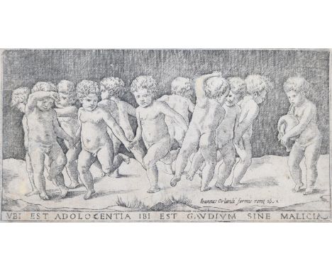 Reverdino, Cesare: (Italienisch, tätig zwischen 1531-64) nach. Zehn Kinder, die zum Klang eines Dudelsacks tanzen. Radierung 