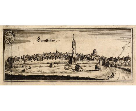 Baden-Württemberg.: Dornstetten. Gesamtamsicht. Kupfertich v. M.Merian. 1643. 8 x 17 cm. - Leonberg. Gesamtansicht. Kupfersti