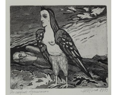 Mythologie.: Schlafender Agamemnon und Harpyie. - Nächtlicher Gartenspuk (Harpyie). 2 Radierungen von Jutta Hellgrewe, 1993/1
