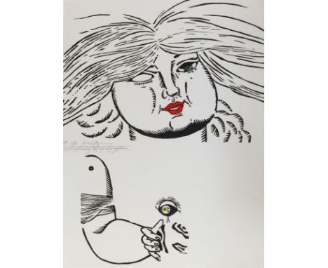 Kirchner, Ingo: (1930 Berlin 1983). "es ist merkwürdig - auf diese Weise - gesehen". Farblinolschnitt 1973. Blgr. 47,5 x 35,8