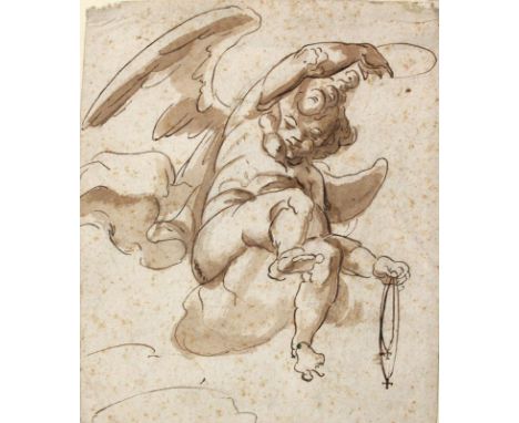 Putto.: Putto, in der linken Hand zwei Ketten. Zeichnung. 18. Jhdt.? 15 cm x 12,5 cm. Unter Passep. montiert.   Fleckig, an d