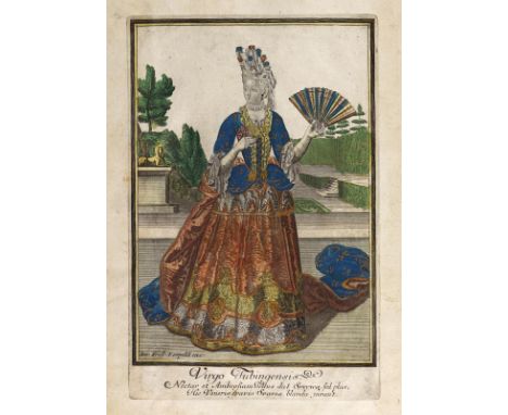 Tübinger Tracht.: Virgo Tubingensis. Handkol. Kupferstich mit goldfarbenen Höhungen. v. Joseph Friedrich Leopold. 17./18. Jhd