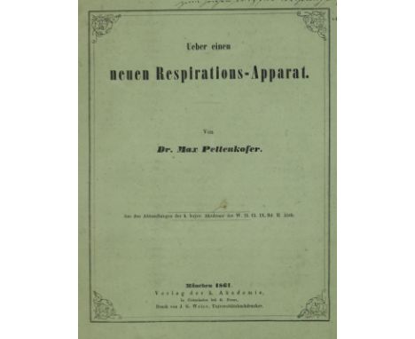 Pettenkofer,M.: Ueber einen neuen Respirations-Apparat. Mchn. 1861. 4°. Mit 3 lithogr. Falttaf. 48 S. Lwd. mit eingeb. OU. (B