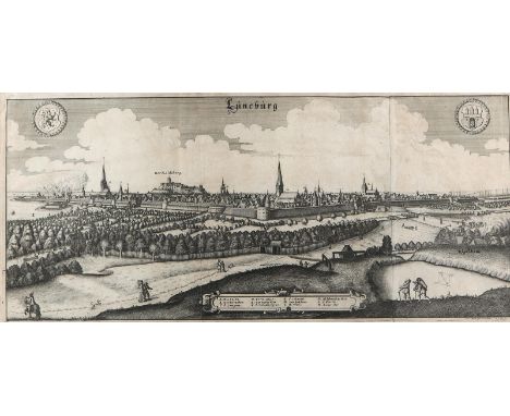 Lüneburg.: Altkolor. Kupferstich gezeichn. und gestoch. von Conrad Bruno um 1680. 24 x 53 cm. Linkes Drittel sorgfältig gekle