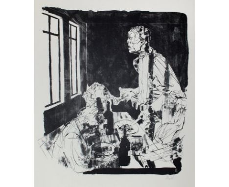 Kluth, Karl: (1898 Halle/S. - Hamburg 1972). Figürliche Komposition. Mann beim Essen schaut aus dem Fenster. Lithographie, 19