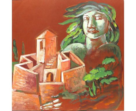 Mythologie.: "Umbrische Göttin". Von Jutta Hellgrewe, 1994. Mischtechnik (u.a. Öl u. Pastellkreide). Ca. 29,5 x 31 cm. Unter 
