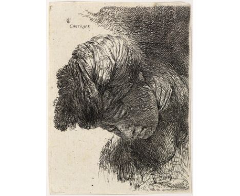 Castiglione, Giovanni Benedetto (il Grechetto): (1609 Genua - Mantua 1664). Kopf eines jungen Mannes nach unten blickend mit 