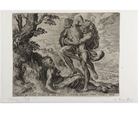 Cort, Cornelis: (1533 Hoom - Rom 1578). Herkules kämpft mit Ataneus. Kupferstich. Hrsg. v. H. Cock. 22,6 x 28,5 cm. Verso Ste