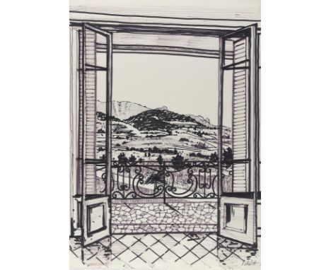 Schütt, Franz Theodor: (1908 Berlin - Wiesbaden 1990). Blick durch geöffnete Balkontüren auf hügelige Landschaft. Filzstiftze