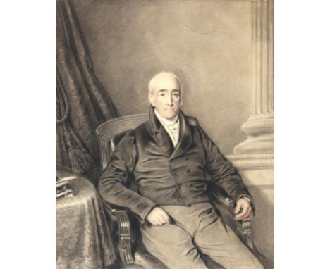 Portrait: eines sitzenden, weißhaarigen Mannes mit Vatermörder u. Jacke, im Hintergrund re. eine Säule. Anonyme, zart kolor. 