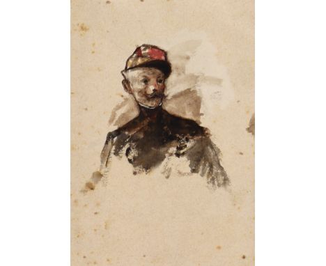 Deloye, Gustave: (1838 Sedan - Paris 1899) zugeschrieben. Portrait eines Mannes mit Kappe. Aquarell auf Papier. Ca. 10 x 7 cm