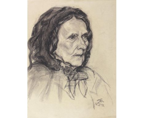 Unbekannter Künstler.: 2 Portraits. Ältere Frau, Mann mittleren Alters. Kohle. 1913. 43,8 x 33 cm u. 50 x 38 cm. Monogr. "AGr