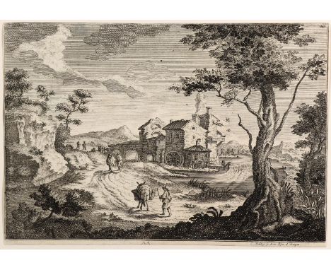 Balzer, Johann: (1738 Kukus/Böhmen - Prag 1799). Wanderer und Mann mit Vieh in der Landschaft bei einem Hof. Radierung. Aus e