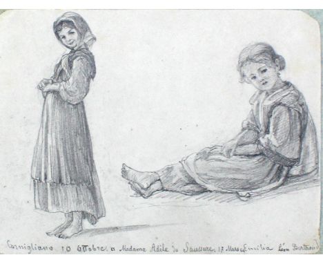 Berthoud, Leon Rudolphe: (1822 Schweiz 1892). 2 Mädchen. Bleistiftzeichnung. Ca. 9 x 12 cm. Unten rechts sign. sowie bez. mit