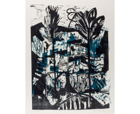Schubert, Hans Gottfried: (1936 Lörrach). Stadt am Berg. Farbholzschnitt 1962. 48 x 36, Blgr. 62,7 x 45 cm. Sign., dat. u. nu