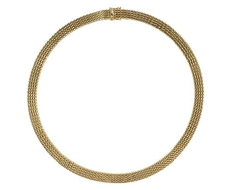Halsband 585 GG: Milanaise Flachpanzerkette. Sehr eleganter Stil der 1970er Jahre. B: 8 mm. Punziert mit 585 u. Meistermarke 