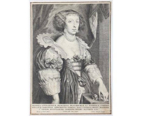Henriette von Lothringen.: Henrica Lotharingiae, Principissa Phalsburgiae... Stehendes Halbportrait an einem Tisch, mit der R
