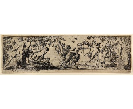 Brebiette, Pierre: (1598 Mantes-la-Jolie - Paris 1642). Baccanalien. 2 Kupferstiche. 7,3 u. 6,8 x 25,2 cm. Mit Namenszügen id