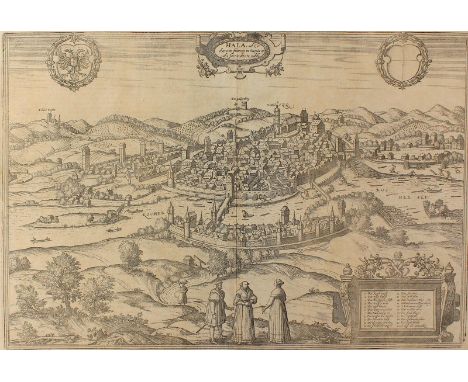Schwäbisch Hall.: "Hala". Gesamtansicht mit figürl. Staffage. Radierung aus Braun Hogenberg, um 1580. 32,5 x 48,5, Blgr. ca. 