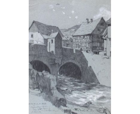 Kayserberg.: Alte Brücke über die Weiss. Bleistiftzeichnung und Kreide. 1917. 37 x 27 cm. Undeutl. sign. Unter Passep. - vere