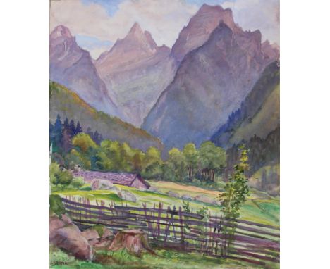 Naumann, E.: Blick auf Berglandschaft. Aquarell auf Papier, Anfang 20.Jhdt. Ca. 39 x 33 cm. Unten links sign. mit E.Naumann (