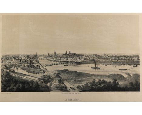 Bremen.: Gesamtansicht über die Weser. Lithographie von C.Frühsorge bei H.Arnold, Lpz. für E.Hampe, Bremen um 1870. 37,8 x 67