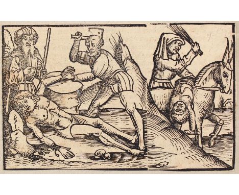 Sammlung von: 7 Holzschnitten. Deutsch/Niederl. 16. Jhdt. teils handkoloriert. 9 x 6,5 - 19,5 x 13 cm.  ╔Darunter:╗ Strafszen