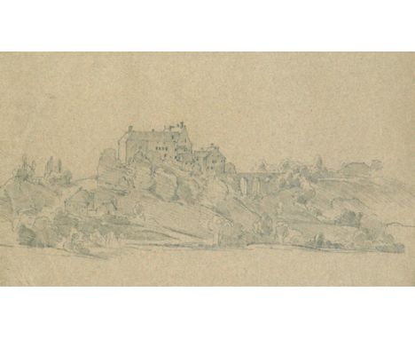 Starnberg.: Schloss Starnberg. Bleistiftzeichnung. 19./20. Jhdt. Blgr. 20,5 x 34,5 cm. Verso betitelt u. sign. J. Hahn.   R