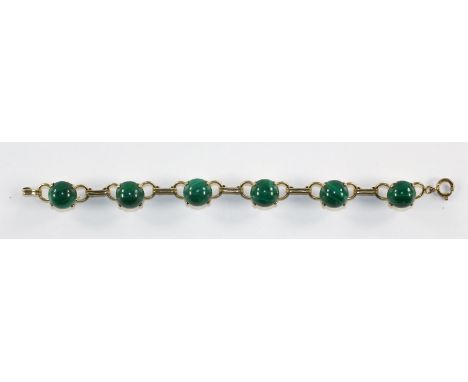 Idar Oberstein: Juwel. Viktor Klein. 333 Gelbgold-Armband mit 6 Malachitkugeln. L: 17 cm. Gew. 22,1.  Originalrg. aus 1979 be
