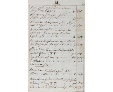 Katalog: einer juristischen Bibliothek. Lat. u. deutsche Handschrift auf Papier, um 1730. Kl.Fol. 387 (von 403) beids. beschr