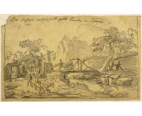 Sybari(s).: Pont Rustique construit sur la petite Rvière de Sybaris. Historische Ansicht. Anonyme Bleistiftzeichnung auf Perg