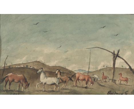 Rudnay, Gyula.: (1878 Plesivec - Budapest 1957) Gestüt. Aquarell, 1948. Ca. 14 x 22 cm. Sign. u. dat. Gerahmt.   R