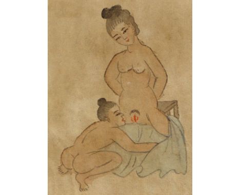 Asiatisches Pärchen: beim Liebesspiel. Bildfolge von 8 Aquarellen in einem Heftchen. 20. Jhdt. 9,5 x 7 cm.   R